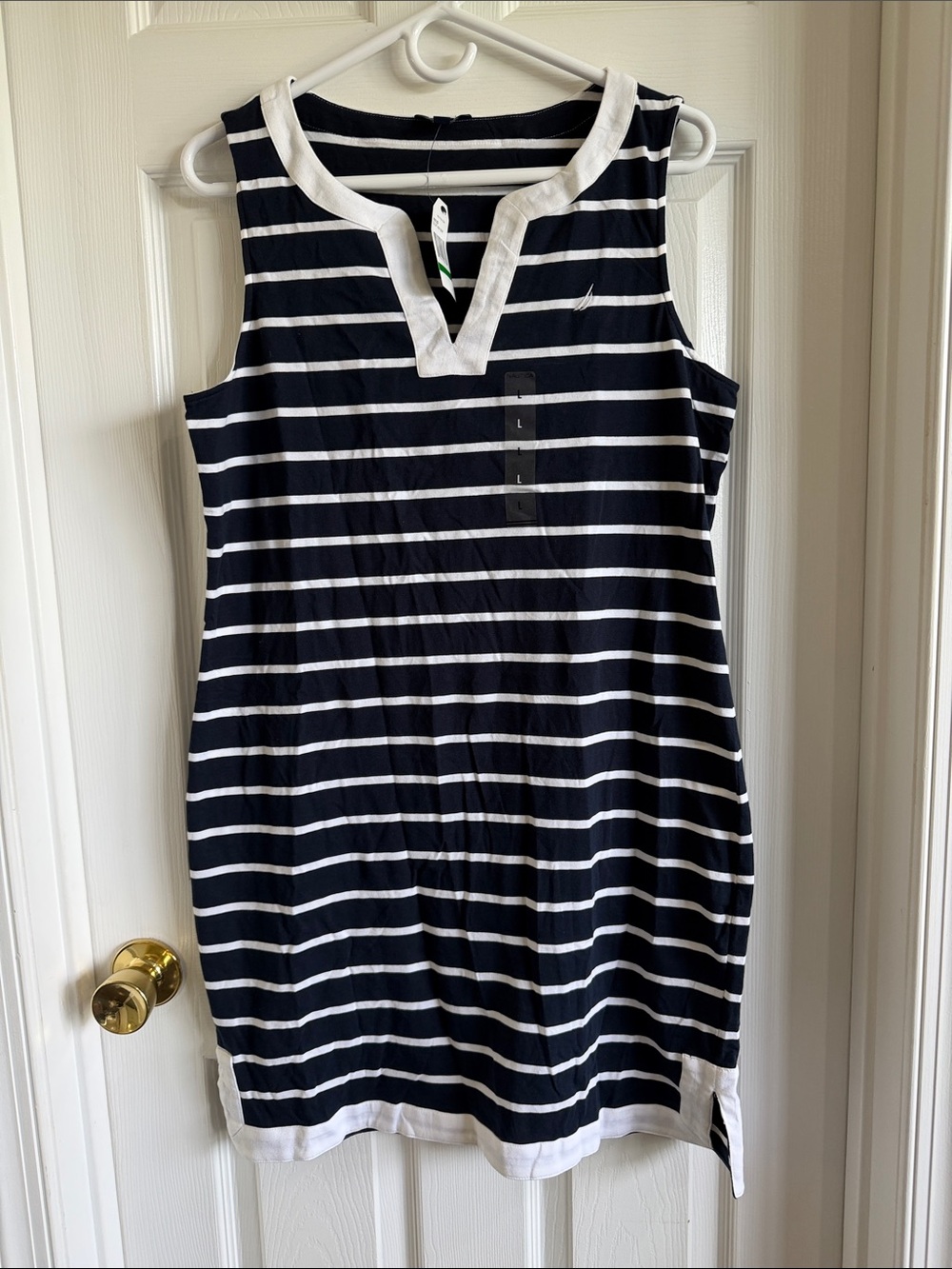 NWT Nautica Navy and White Striped Sleeveless V-Notch Mini Dress